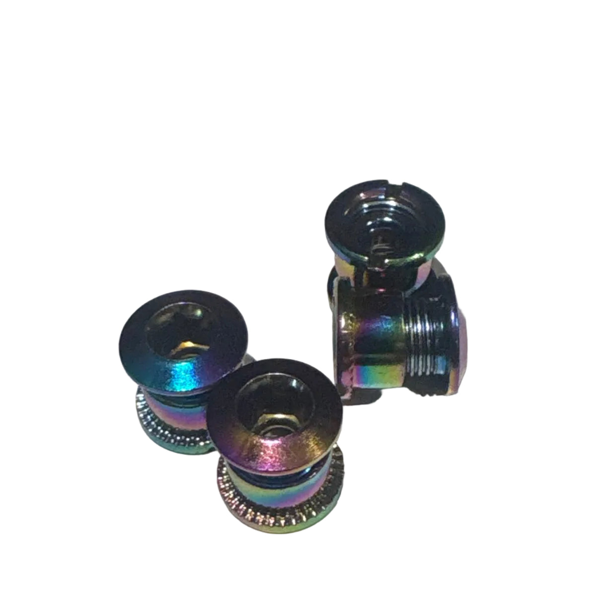 SSS Racing Yoshoka Aluminium Chainring Bolts (6.5*4mm) iridescent rainbow finish, hex bolt heads for precise drivetrain.