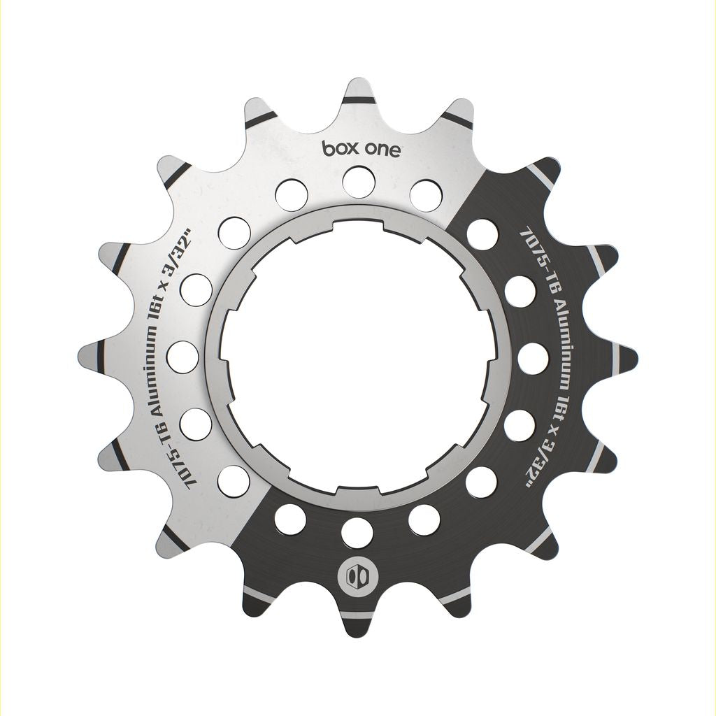 Box One Single Speed Aluminium Cogs (Sprocket / Rear Cog) by SSS Racing in silver-black aluminium, dual-tone with holes.