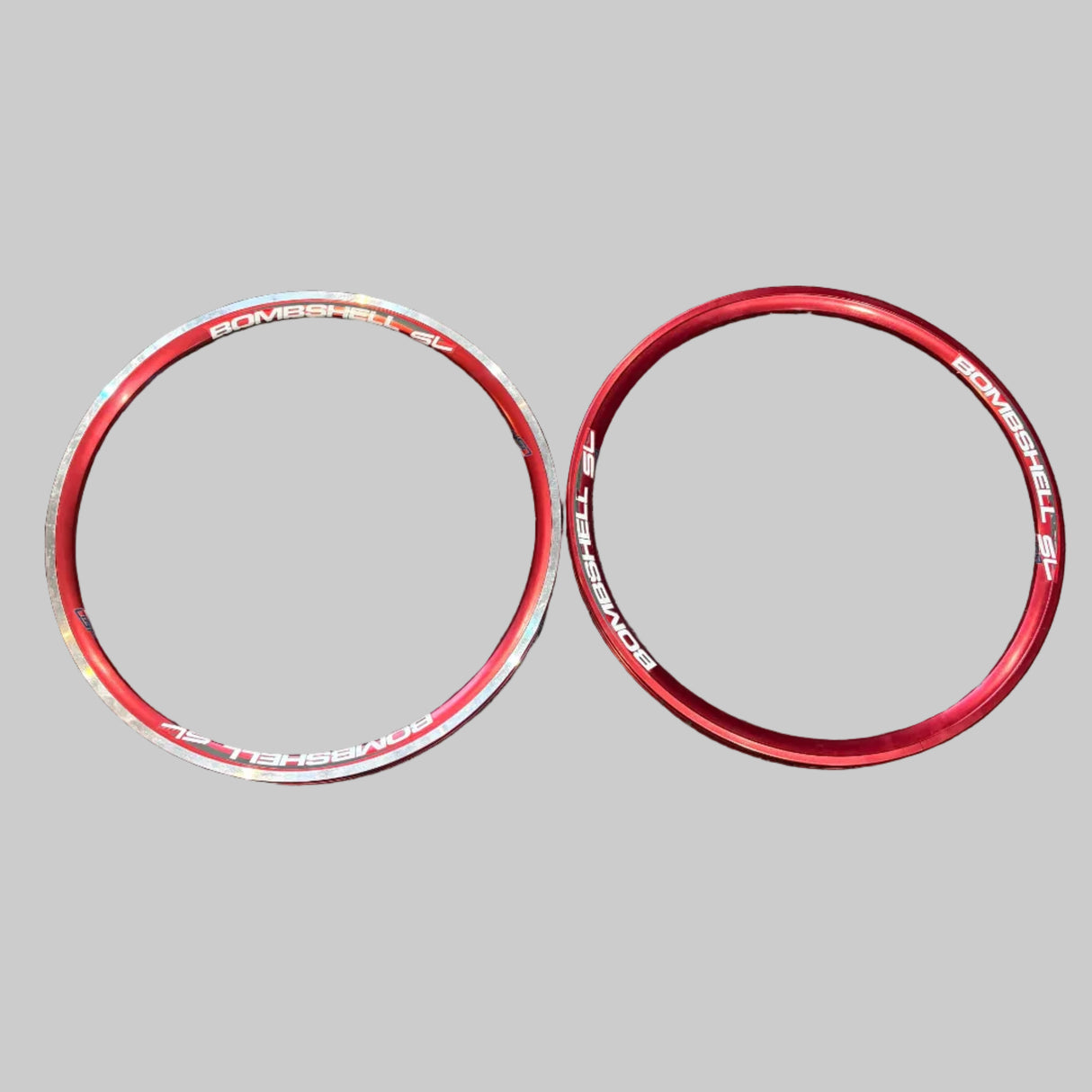 SSS Racing Bombshell Aluminium 28H Expert Wheelset Red, red aluminum rims with white logo, glossy finish and aero profile.