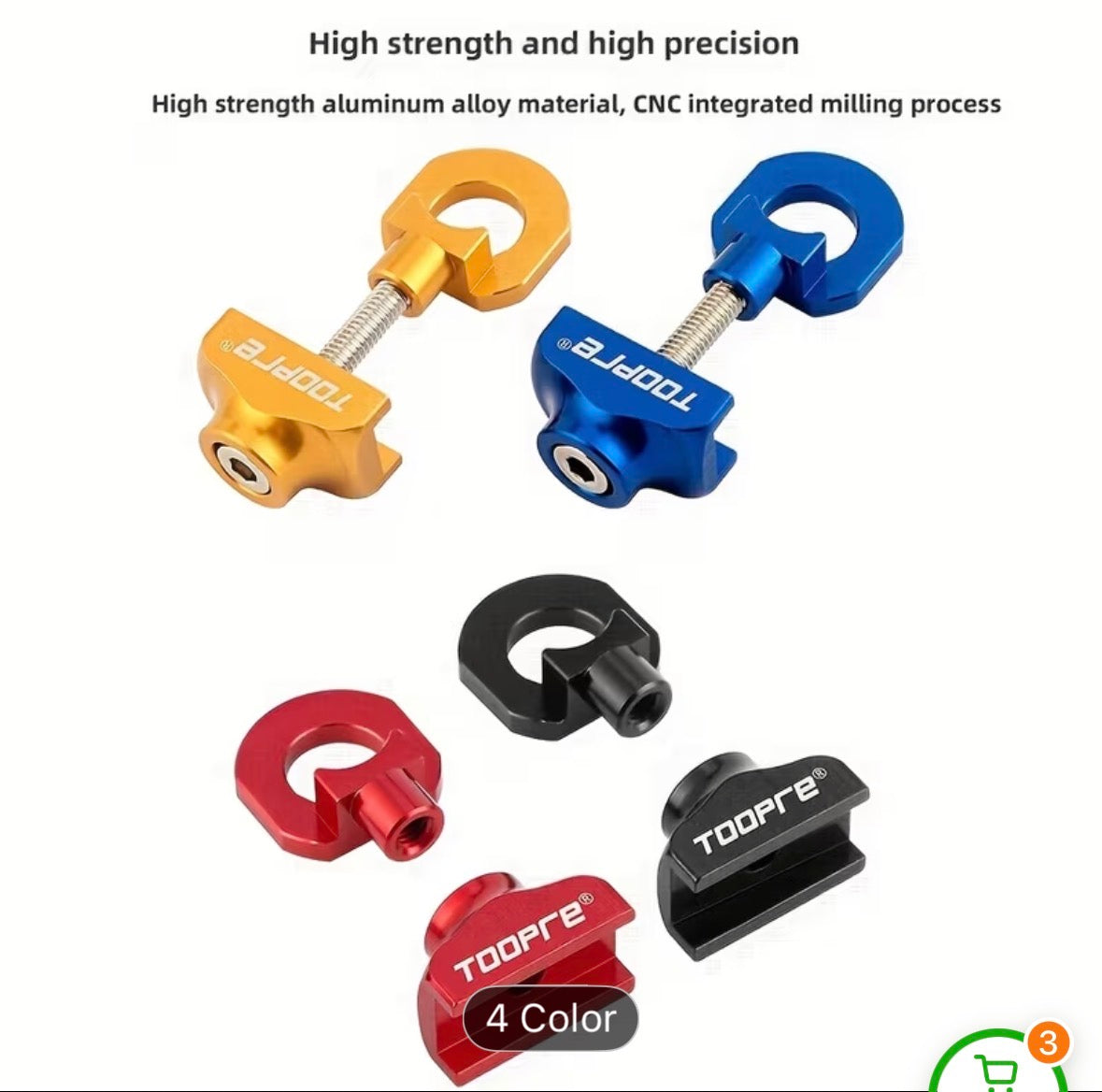 Toopre Chain Tensioner by SSS Racing: anodized aluminum in blue orange red black; CNC precision, compact round clamp finish.