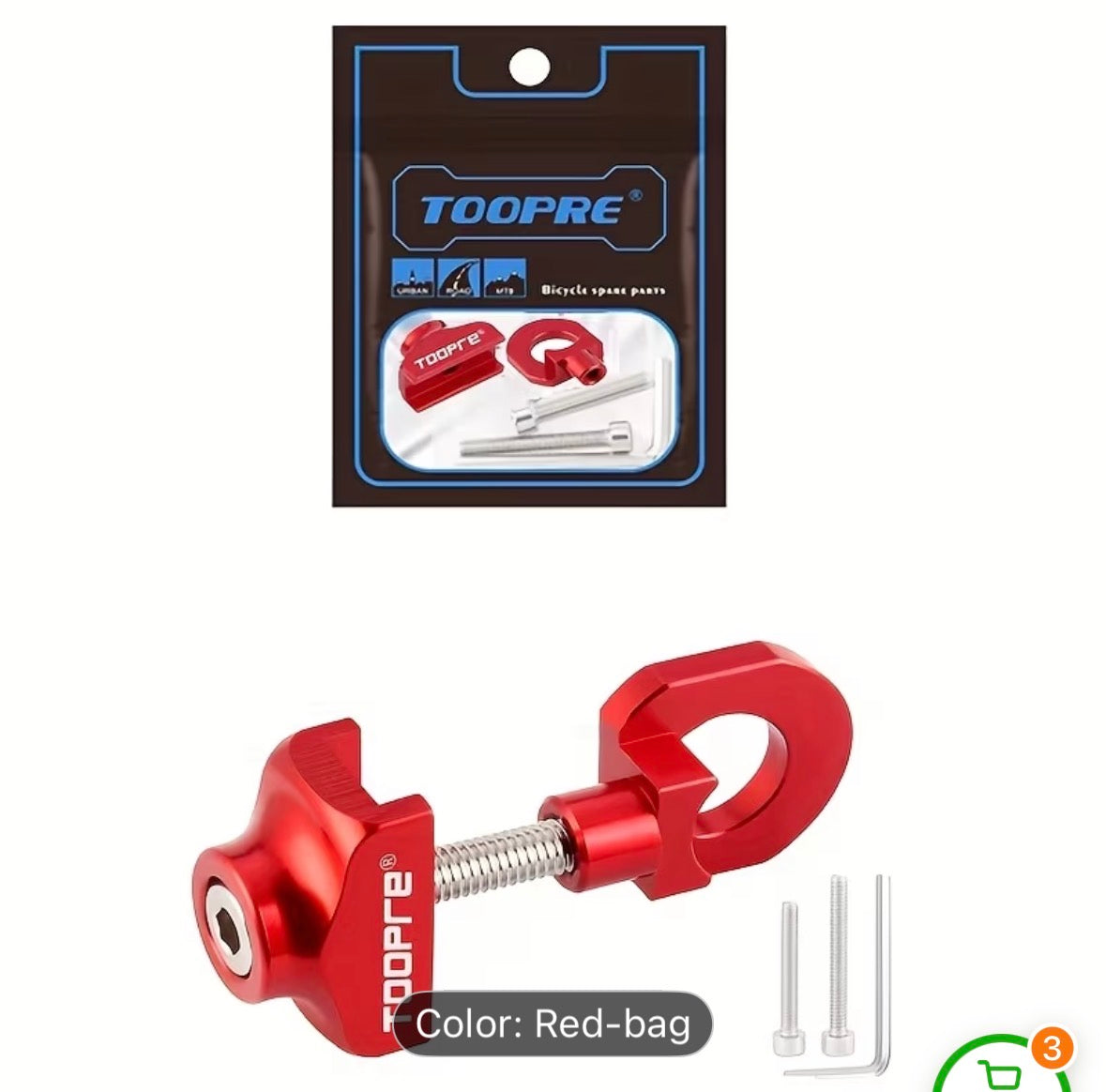 Toopre Chain Tensioner by SSS Racing in red anodized aluminum, silver screw, circular clamp, packaging blue vivid highlights.