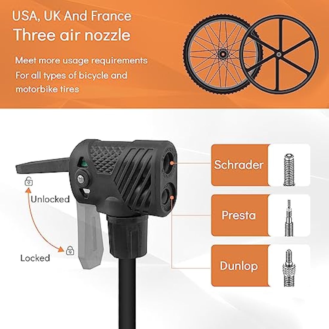Jolof Store: Jsdoin Bike Pump, High Performance Bicycle Floor Pump with Dual Presta and Schrader Valves, black plastic body.