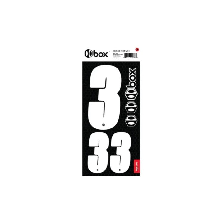 Box Two Number Plate Sticker Kits - White features large white digits 3 and 33 on a black bold sheet with small logo icons.
