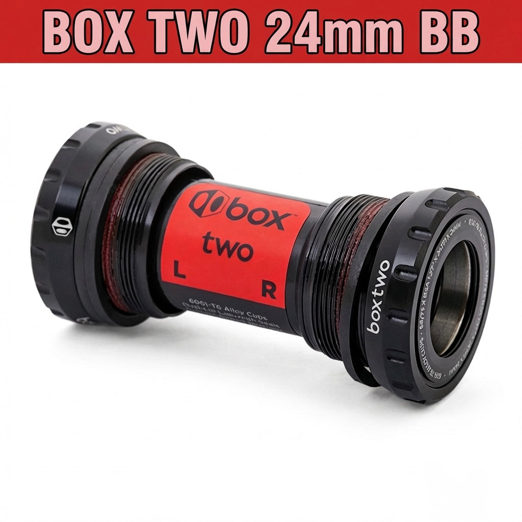 SSS Racing Box Two Bottom Bracket Set 24mm, black alloy body, red label, silver inner cups, precise 24mm spindle, L/R marks