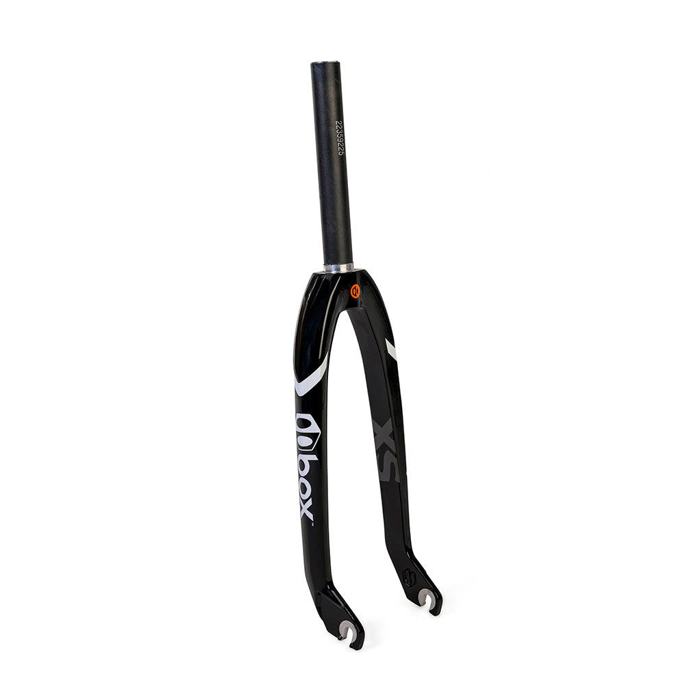 Box One XS Mini Carbon Forks 1” black matte carbon fiber with white logo, 1-1/8” steerer, forged crown. Ideal for BMX racing.