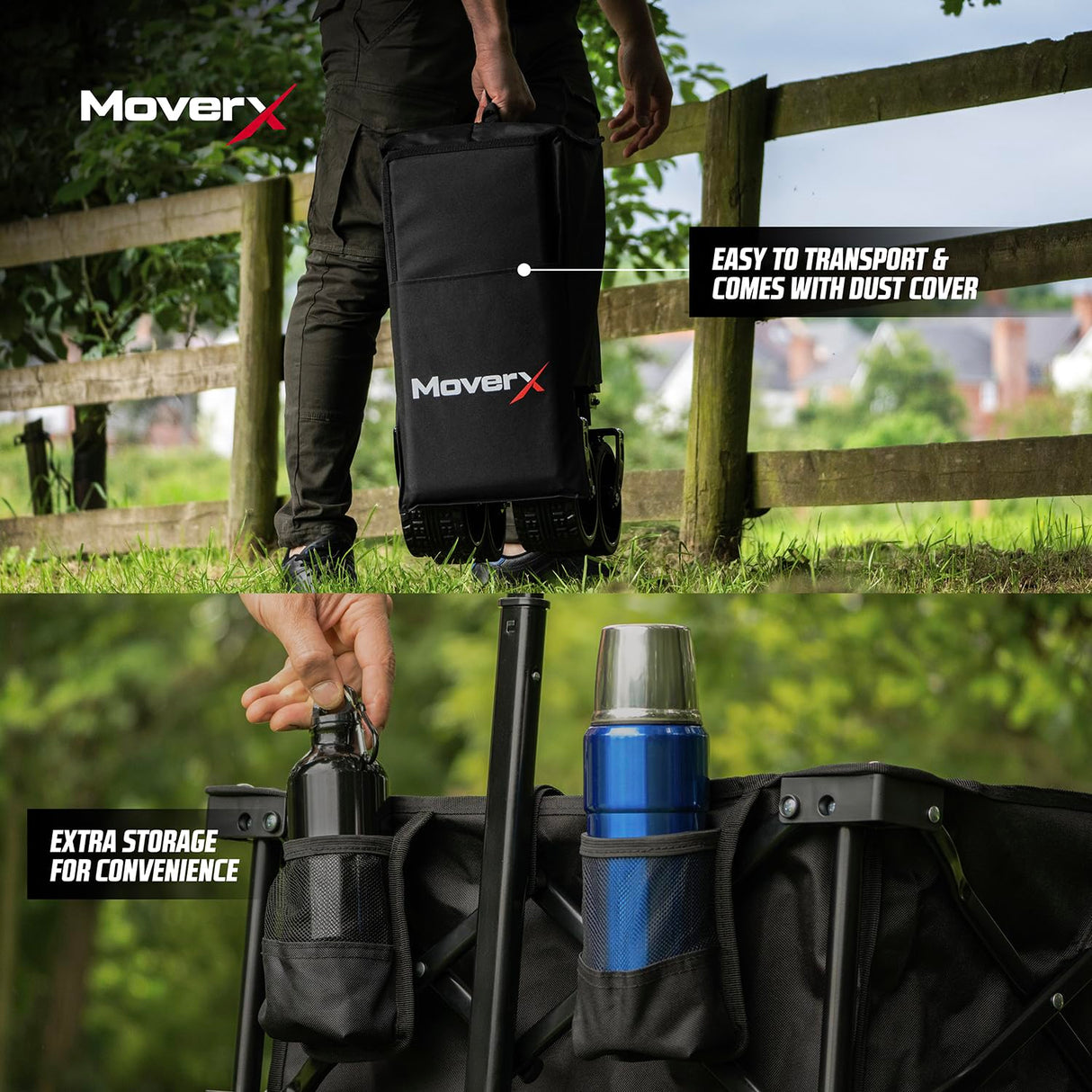MoverX 200L Collapsible Festival Trolley on Wheels Suitable for BMX Racing fabric logo, sturdy wheeled design Jolof Store.