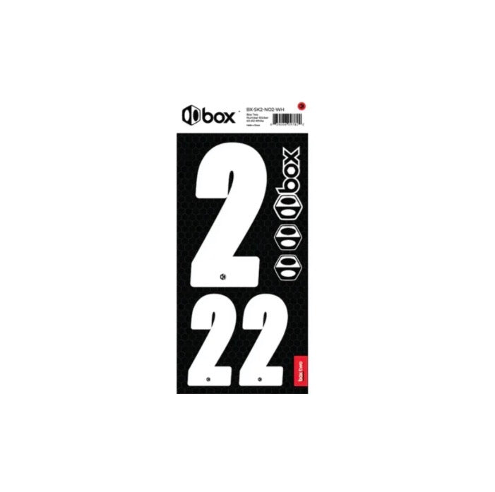 Box Two Number Plate Sticker Kits - White featuring bold white 2 and .22 numerals on a black honeycomb panel with box logos