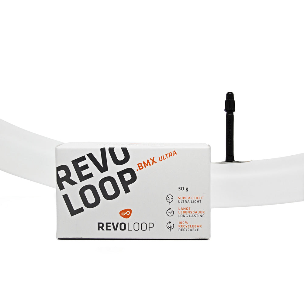 SSS Racing Revoloop TPU Ultra Light BMX Tiny Tube 0.9-1.5 white TPU body, black valve, ultra-light, compact box design.
