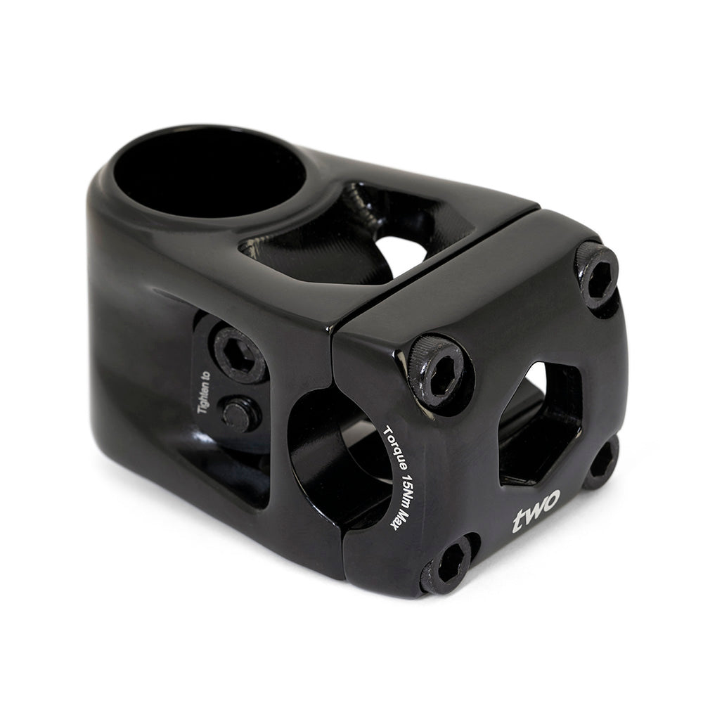 SSS Racing Box Two 22.2 X 1-1/8" Centre Clamp Stem in matte black aluminum, rugged CNC-machined blocks, silver screws, black.