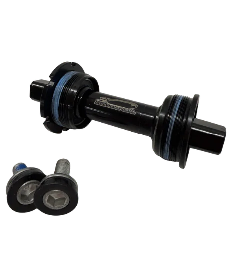 Bombshell Bottom Bracket CRMO Square Taper 114mm SSS Racing black CNC aluminum with blue seals and bolts, spindle. SSS Racing