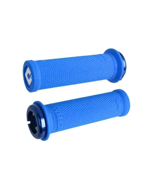 ODI Ruffian Mini Grips in blue, cylindrical knurled grips with rounded ends and black outer rings, logo accents on end caps.