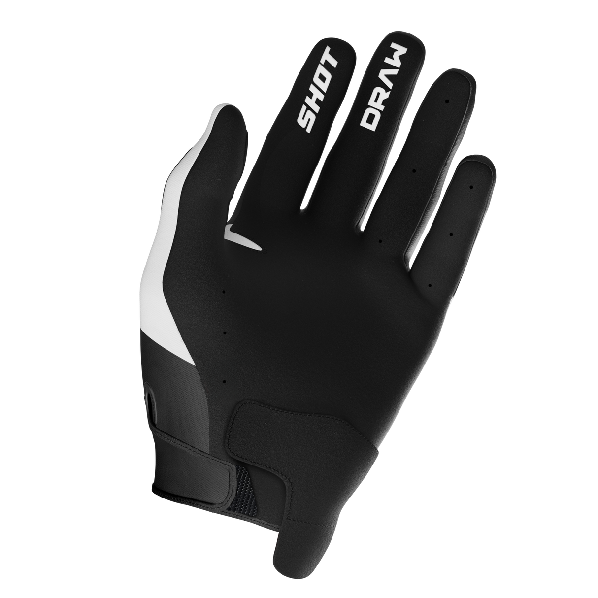 SHOT Racegear Draw Kids Gloves by SSS Racing: black synthetic leather, white logos on fingers, snug cuff, kids size. fit