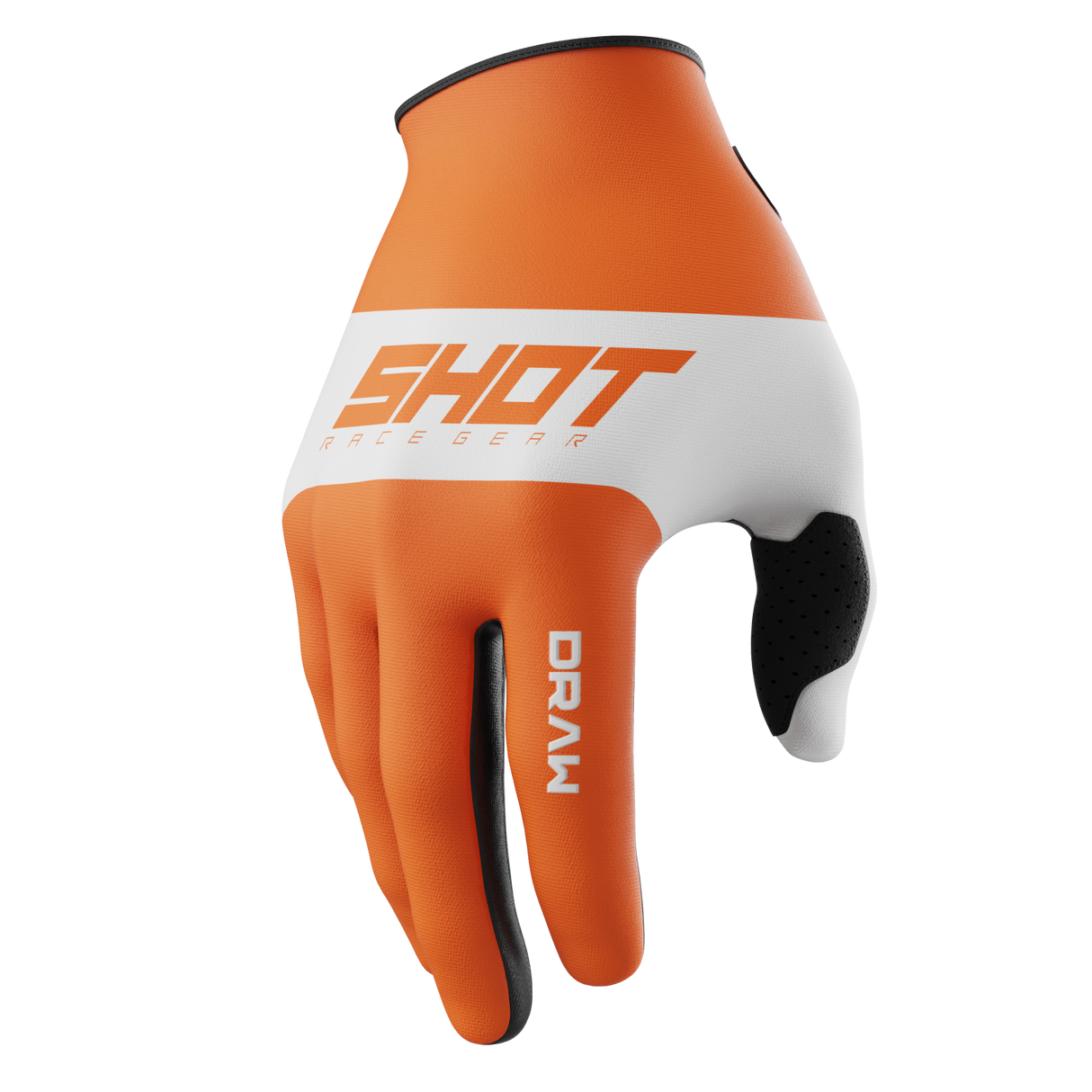 SHOT Racegear Draw Kids Gloves in orange and white with black perforated palm, reinforced stitching, SSS Racing branding