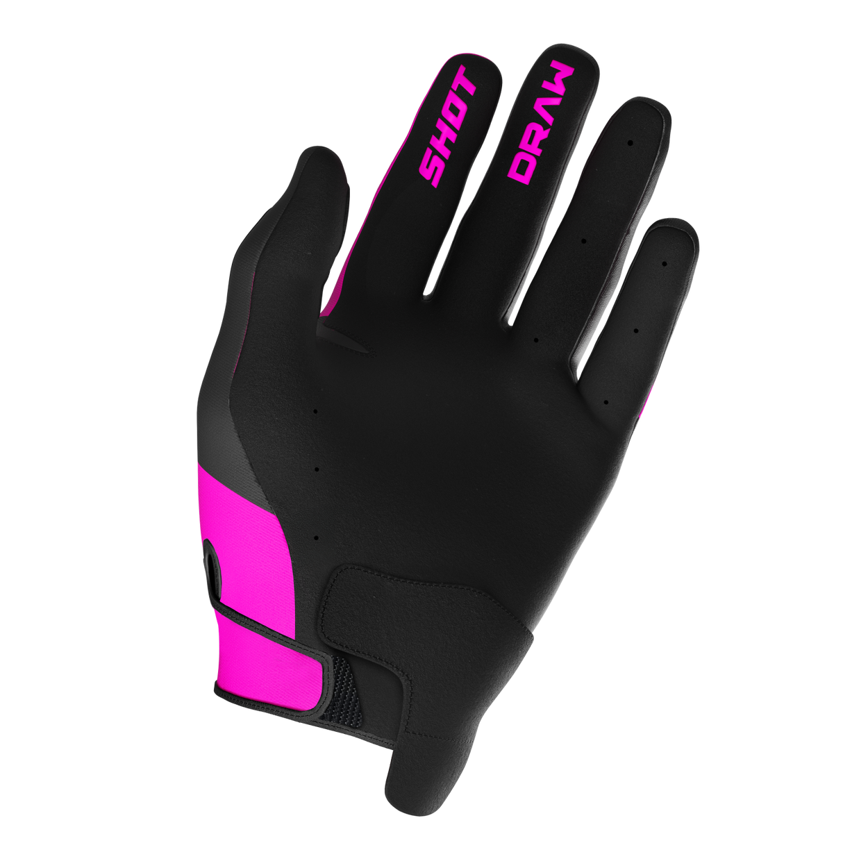 SHOT Racegear Draw Kids' Gloves SSS Racing: black pink accents, leather fingertips, padded palm, Velcro strap for grip.us