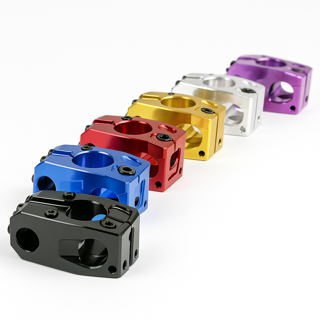 SSS Racing Bombshell Stem 1” Steerer 39mm anodized aluminum; blue-red-gold-purple-black with precision faces and hexbolts