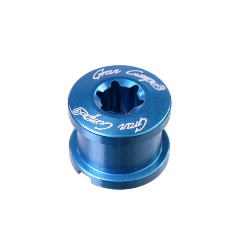 Dia-Compe Chainring Bolts 6.5mm, blue aluminum, CNC-machined with star socket, anodized finish, SSS Racing branding on top.
