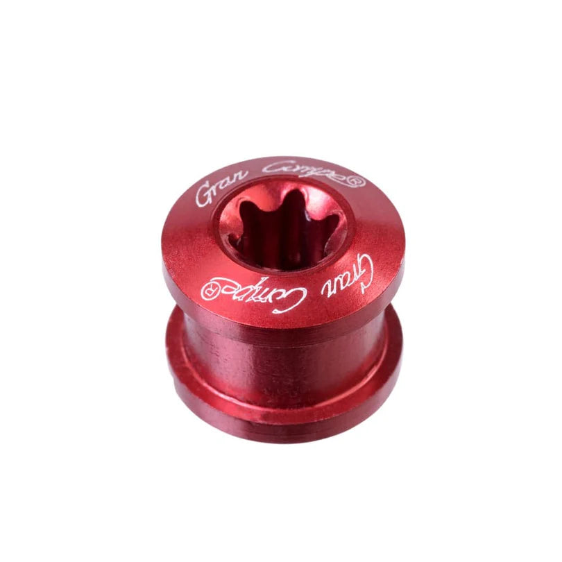 Dia-Compe Chainring Bolts 6.5mm, anodized red aluminum, hex-socket, machined face, SSS Racing branding, bold glossy finish.
