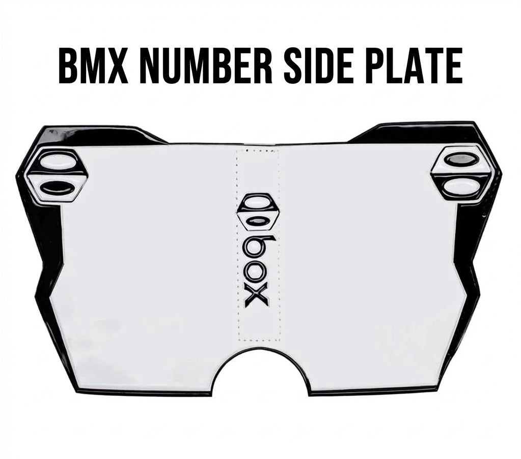 Box Two BMX Side Number Plate by SSS Racing: white aluminum plate with black edge trim, hex bolt accents and centered logo