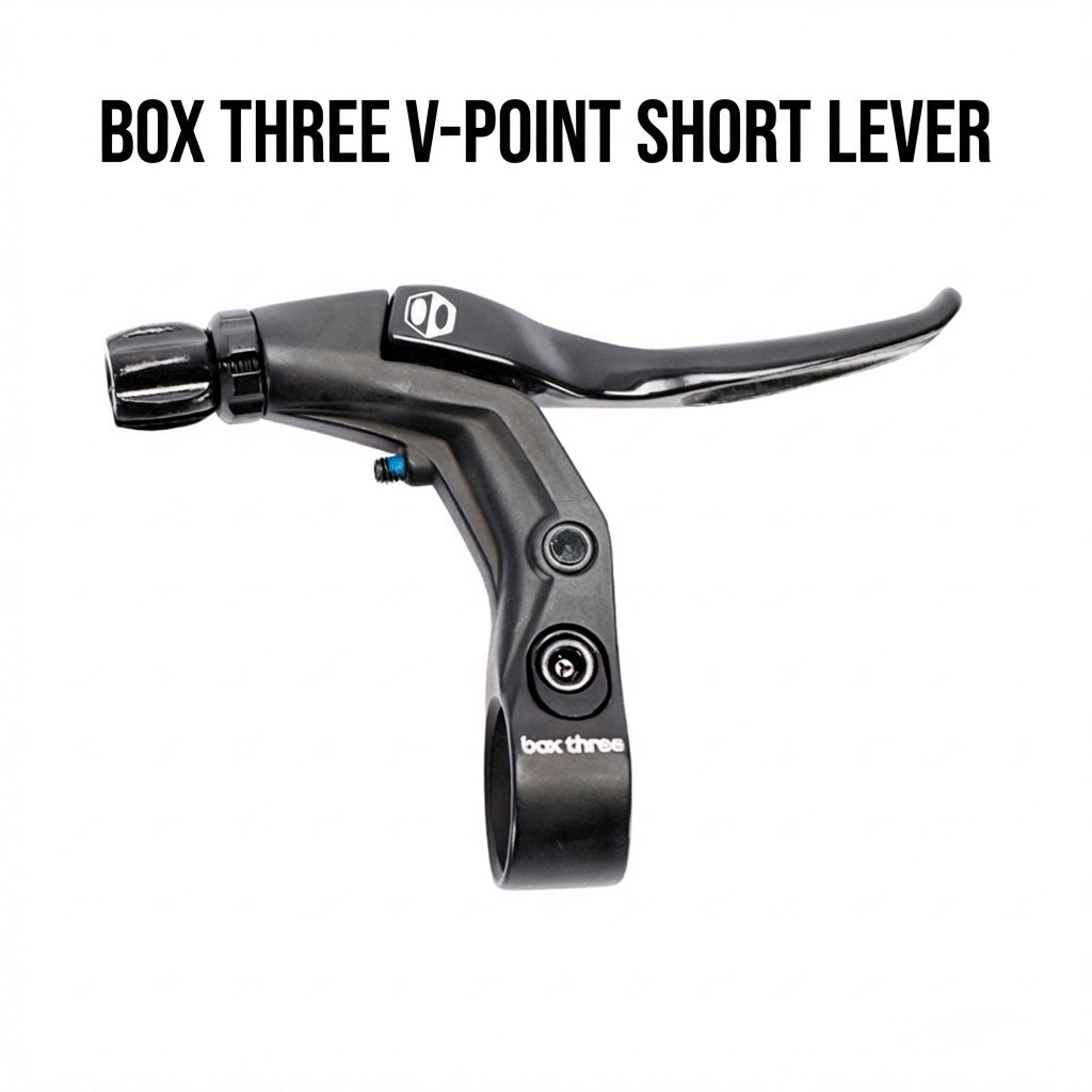 Box Three V-Point Short Reach Brave Lever by SSS Racing in matte black aluminum with ergonomic lever and blue bolt clamp