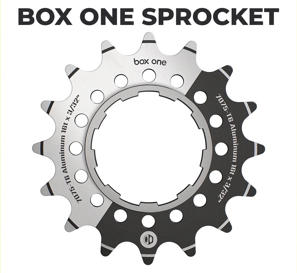 SSS Racing Box One Single Speed Aluminium Cogs (Sprocket / Rear Cog): silver/black aluminium, perforated holes, sharp teeth.