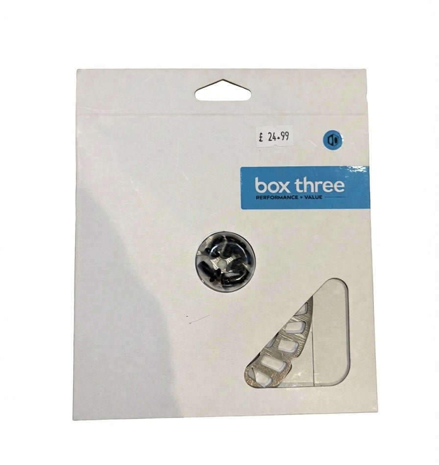 Box Three BMX Disc Brake Rotor on white packaging with blue logo, stainless steel rotor, black mounting bolts, SSS Racing