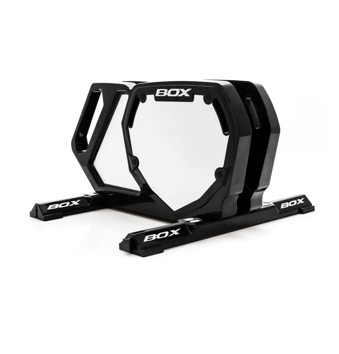Box One BMX Bike Stand - Black features a bold hexagonal frame, glossy surface, wide rails with BOXx logos, sturdy base.!