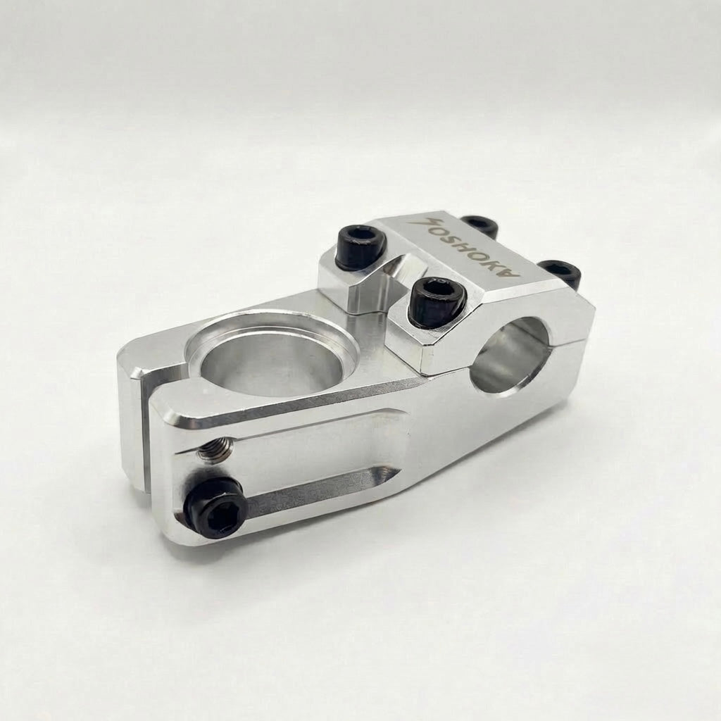 SSS Racing Yoshoka Stem 1-1/8” Steerer 50mm, silver aluminum with machined blocks, black bolts, compact BMX clamp design!!