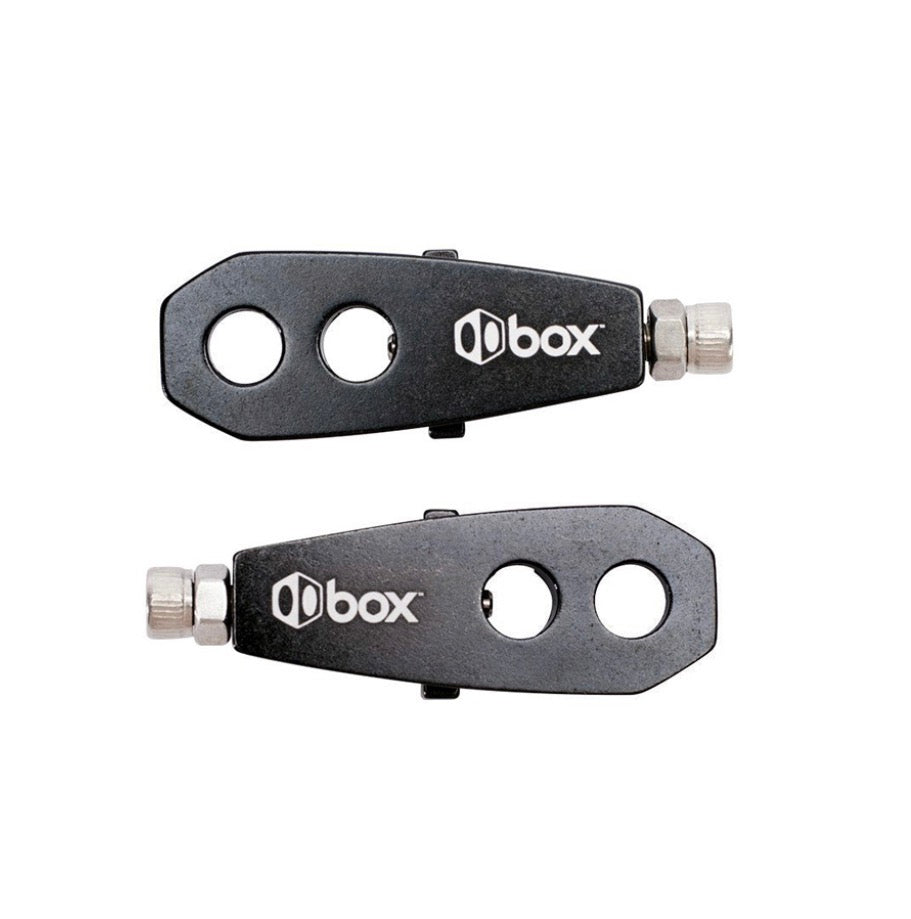 SSS Racing Box Two Chain Tensioners in black aluminum with two large circular holes, silver end nut and compact design grip