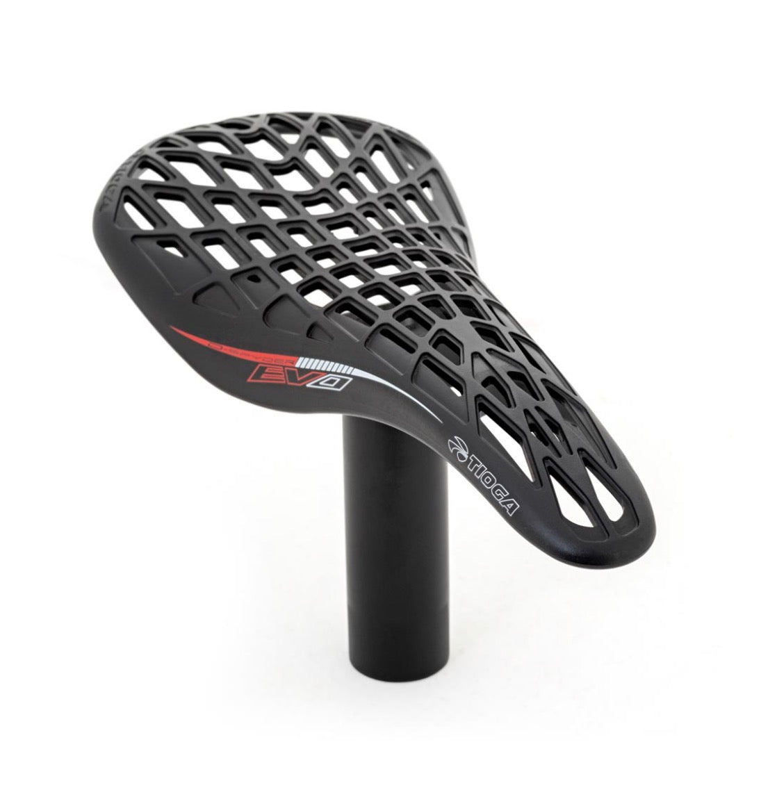 Tioga D-Spyder Evo Carbon. Matte black carbon mesh lattice with red accent stripe, lightweight cutout. Ideal for BMX racing.