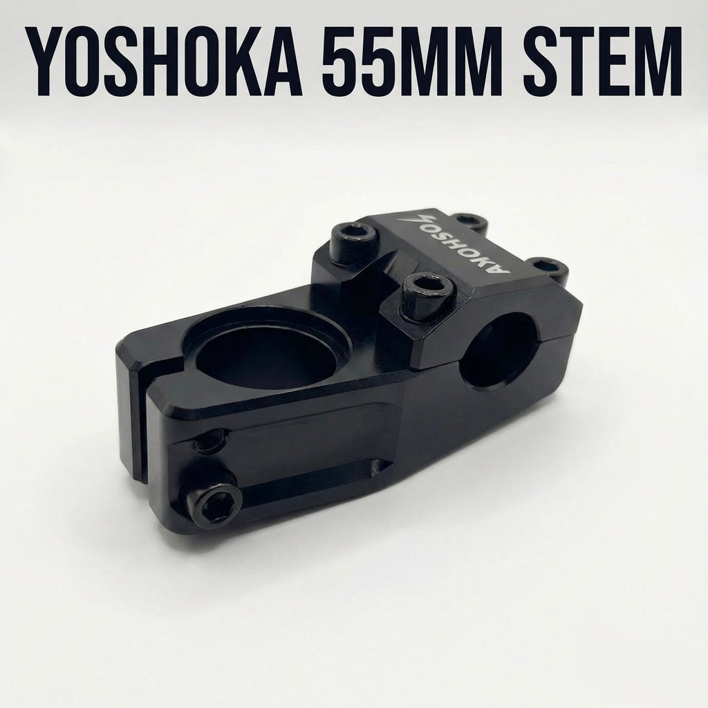 SSS Racing Yoshoka Stem 1-1/8” Steerer 55mm, black anodized aluminum, compact sleek clamp, hex bolts, precise machined finish.