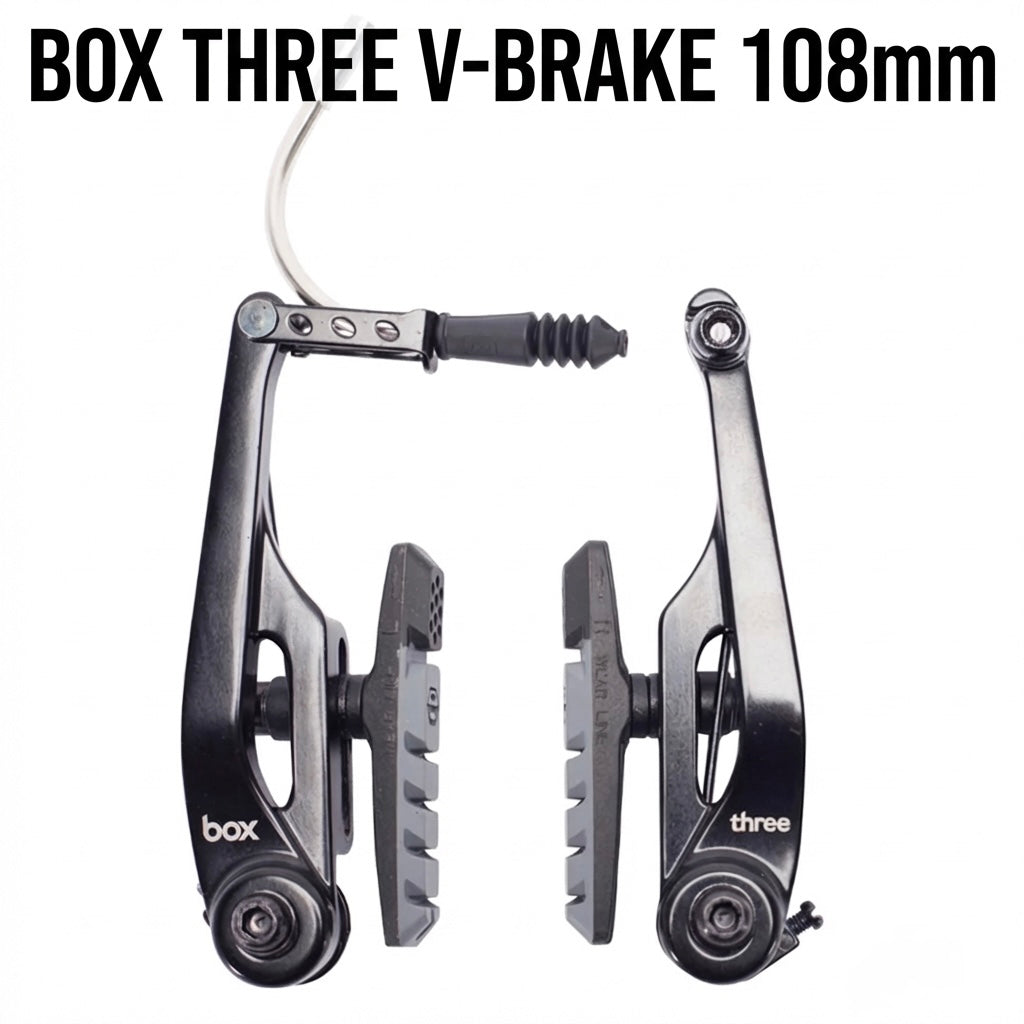 SSS Racing Box Three V-Brake 108mm (Long) black aluminum calipers with grey pads, silver cable, rugged bike component. kit.