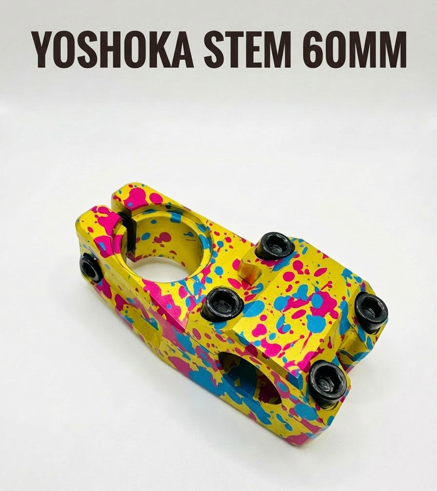 Yoshoka Stem 1-1/8” Steerer 60mm: bright yellow aluminum alloy clamp with pink/blue splatter, precision CNC, SSS Racing.