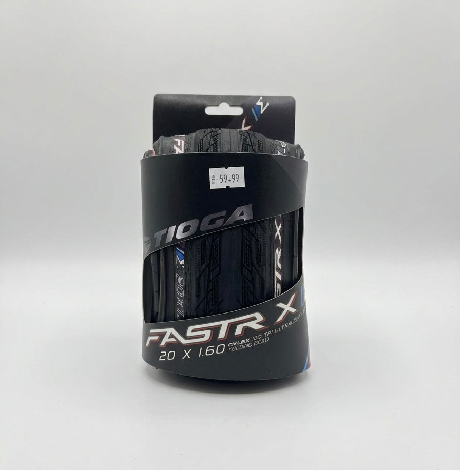 Tioga Fastr-X S-Spec (Folding) 20” Tyre SSS Racing: black tread with blue highlights, sturdy nylon casing, white branding.