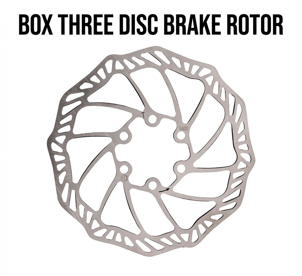 SSS Racing Box Three BMX Disc Brake Rotor, silver stainless steel rotor with intricate hollow lattice, precise mounting holes