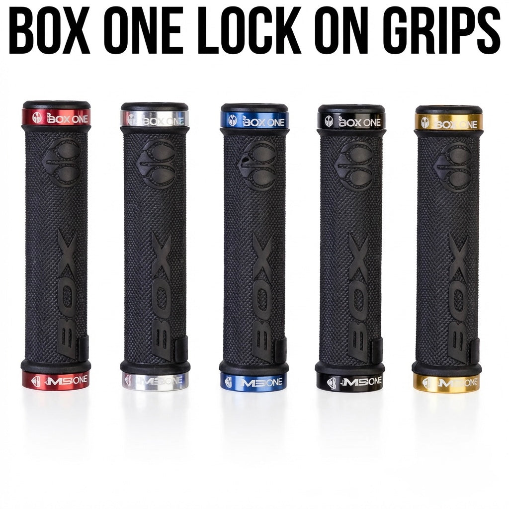 Box One Lock On Grips by SSS Racing: black textured rubber grips with red, silver, blue, black, gold collars and ends today