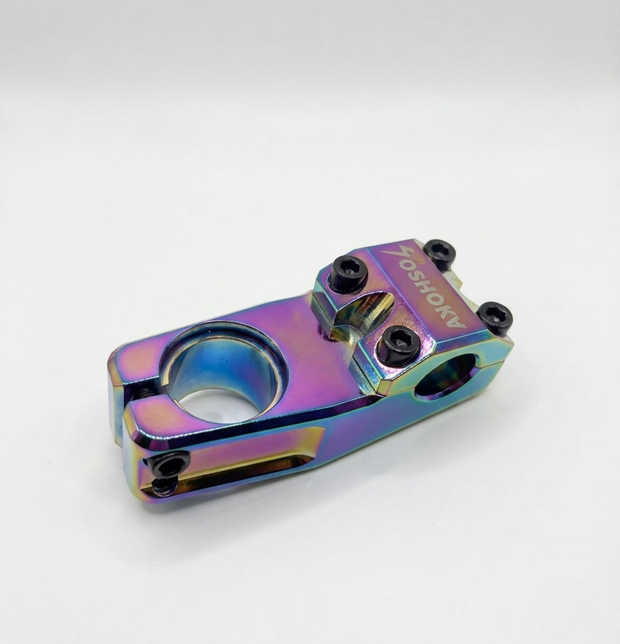 SSS Racing Yoshoka Stem 1-1/8” Steerer 45mm rainbow aluminum, bluepurple finish with black bolts and machined details.