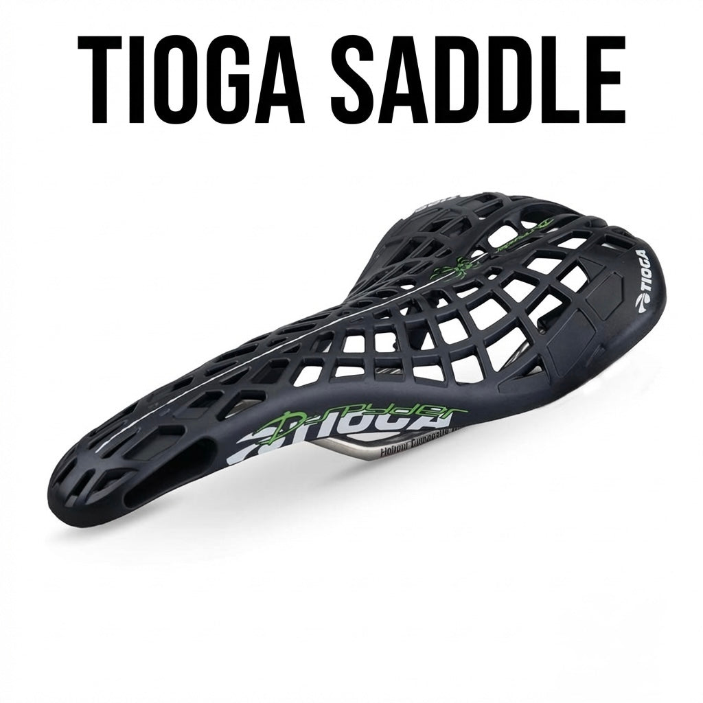 SSS Racing Tioga D-Spyder Saddle in matte black lattice polycarbonate grid with lime green logo, lightweight hollow core.