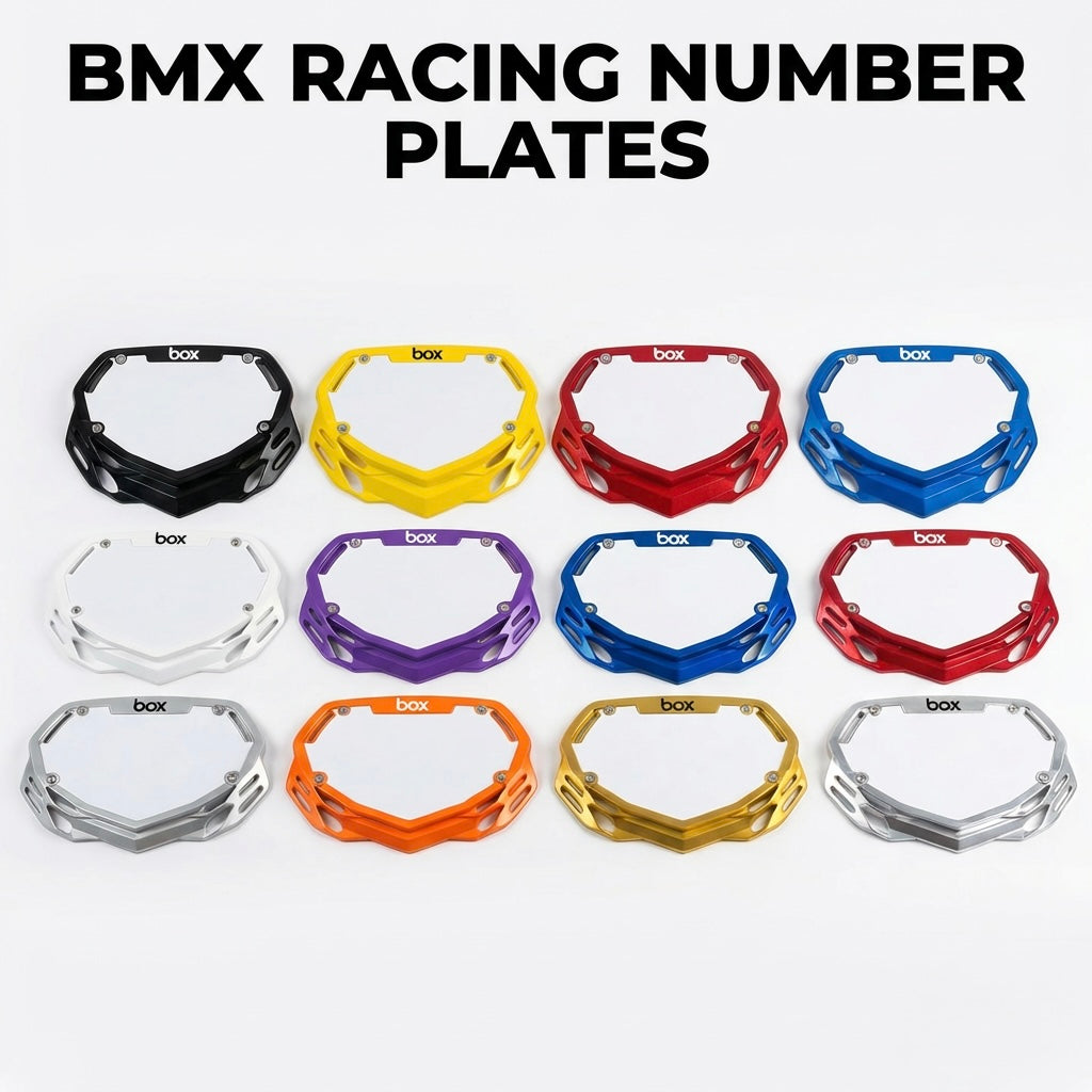 Box Two BMX Number Plates (Chrome) by SSS Racing showcase chrome plates with branding, metallic sheen, and vibrant colors.
