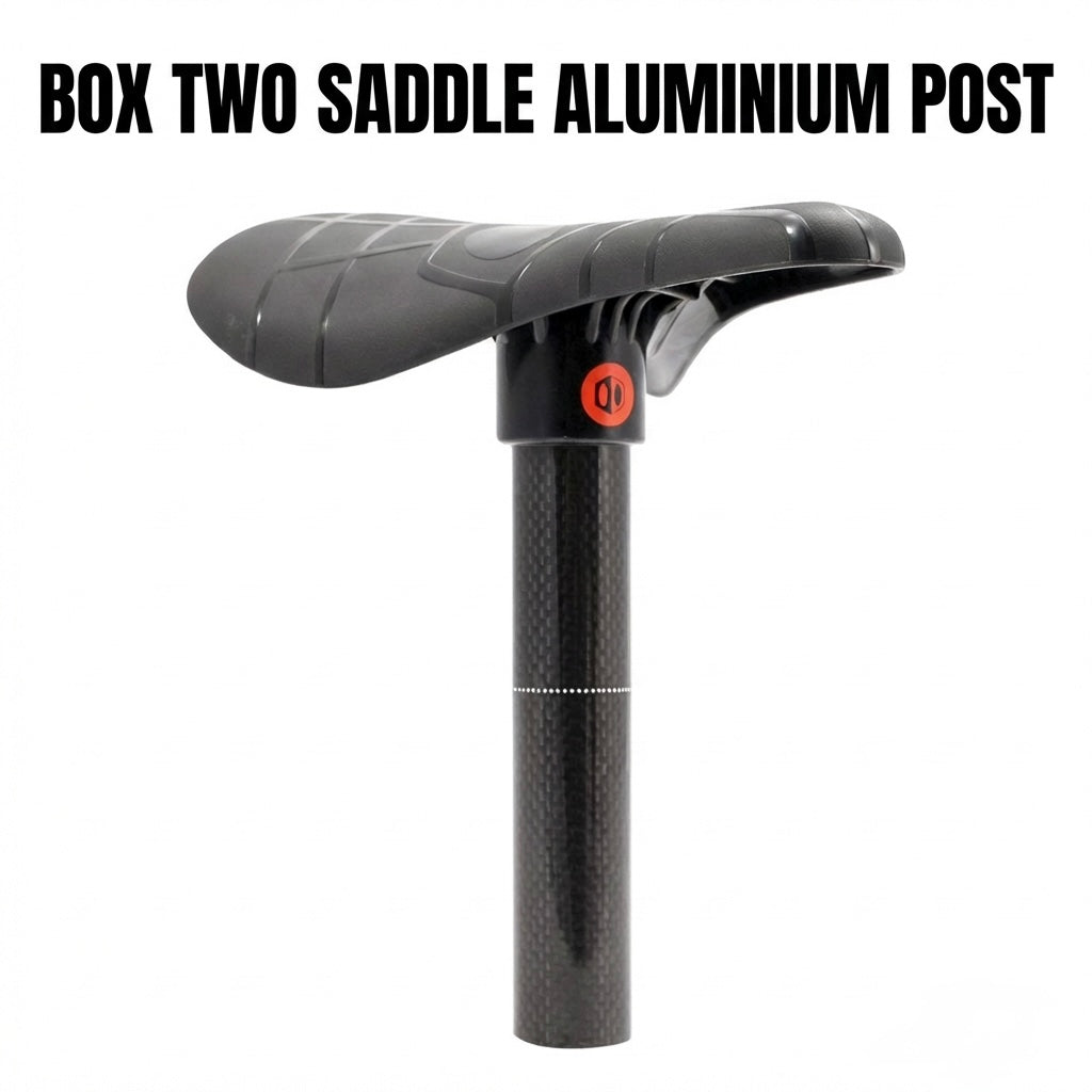 Box Two Saddle Aluminium Post by Box for BMX racing in black carbon; slim carbon shaft and textured grip, alloy clamp