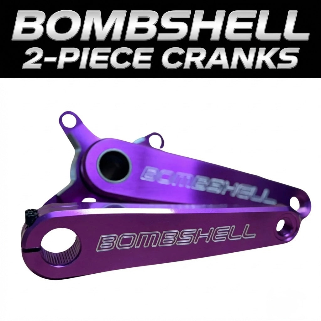 Bombshell 2-Piece Cranks by SSS Racing in purple anodized aluminum, embossed Bombshell logo, knurled adjuster, vivid finish