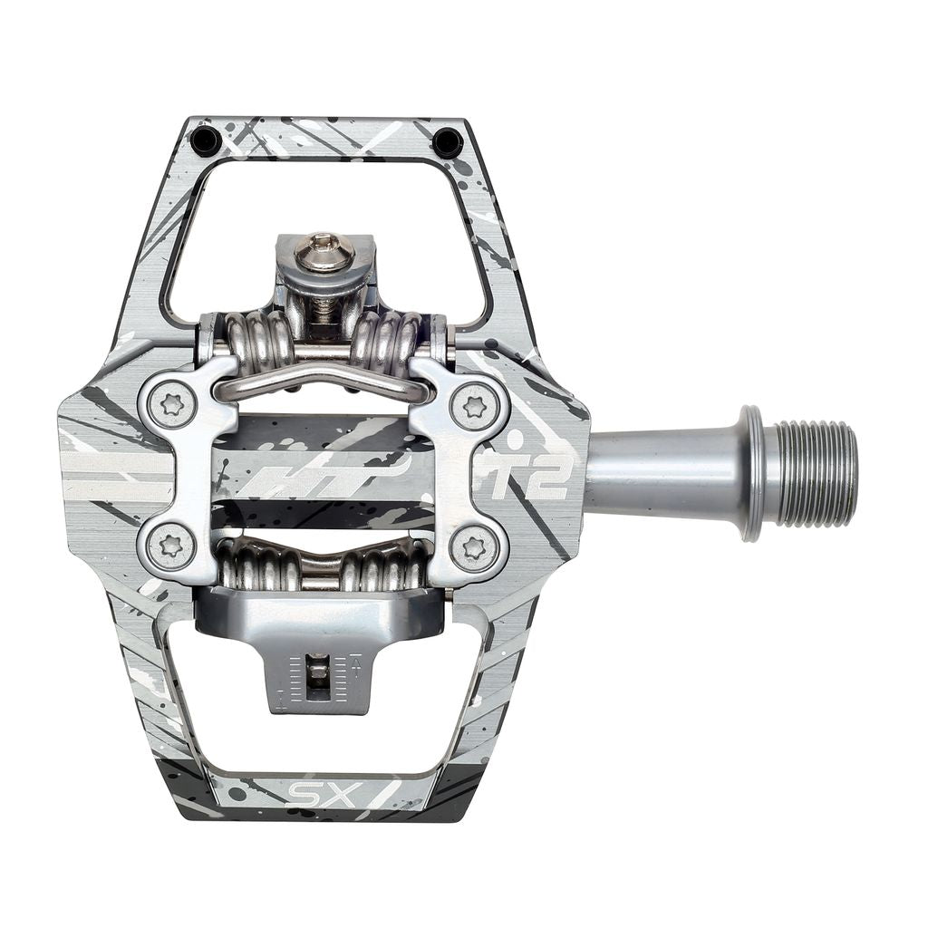 HT T2-SX BMX Racing Clip Pedals by SSS Racing in silver-gray alloy with spring-loaded clip, grip pins, and threaded axle.