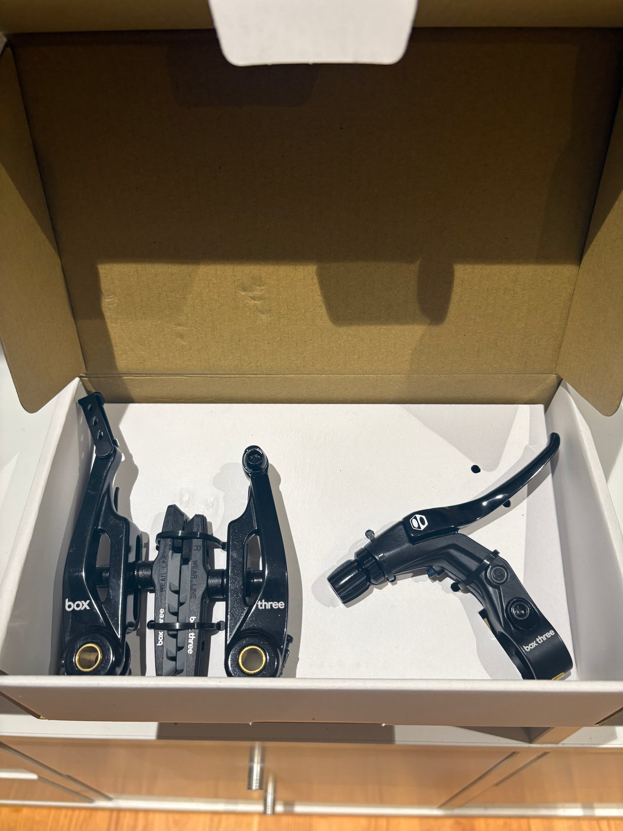 SSS Racing Box Three V-Brake Kit (Short) 85mm, black aluminum arms, gold bushings, compact calipers, bold branding and finish