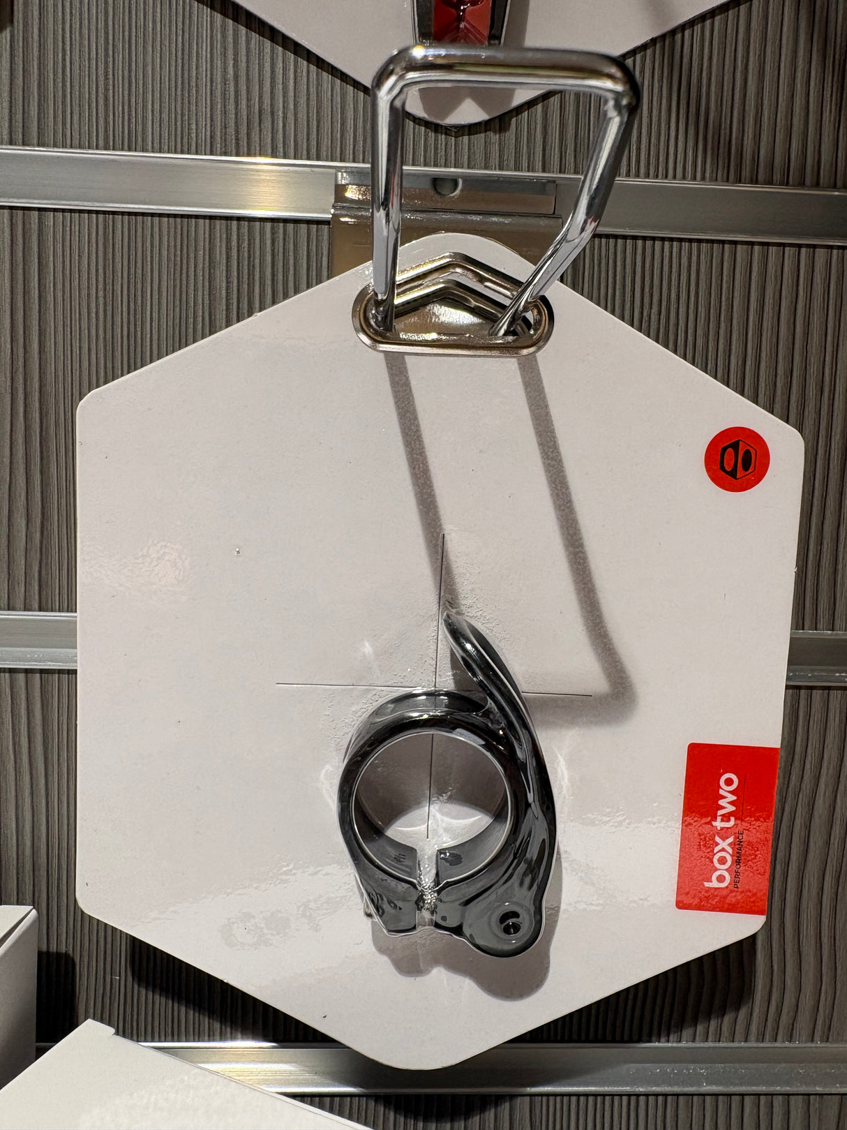 SSS Racing Box Two Quick Release Seat Post Clamp 31.8mm, silver aluminum, polished chrome lever, black ring clamp finish.