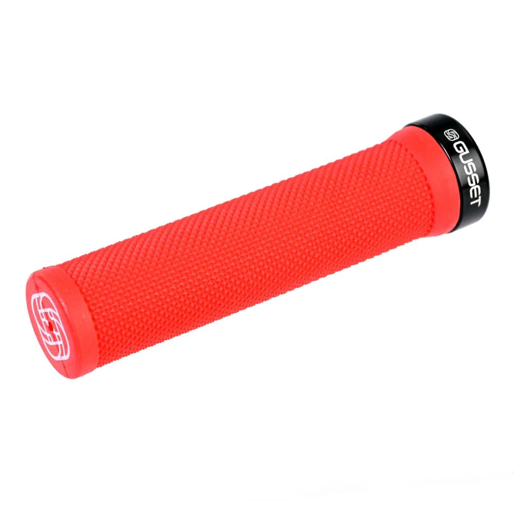 Gusset Single File Lock-On Grip by SSS Racing in bright red rubber, knurled texture, aluminum core, black end cap with logo.