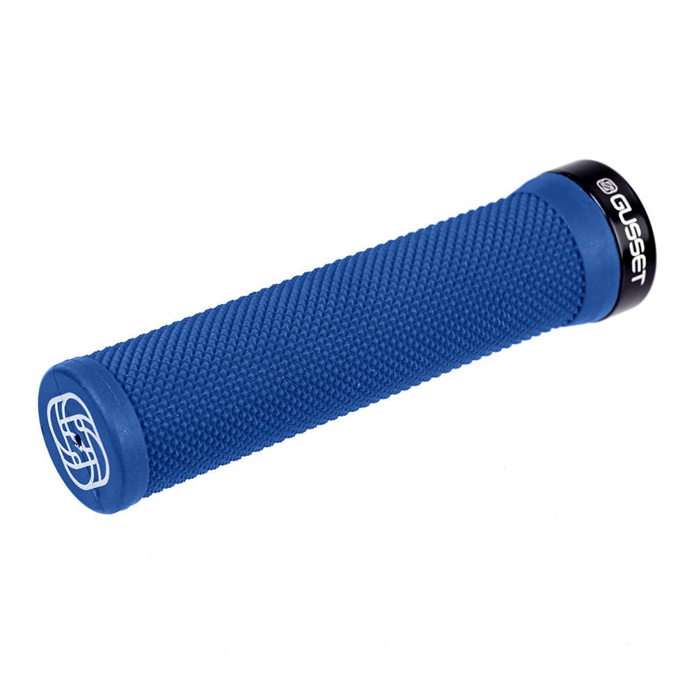 Gusset Single File Lock-On Grip by SSS Racing in blue, textured rubber with knurled surface and black aluminum lock ring.