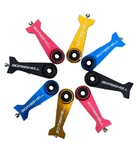 Bombshell Chain Tensioners Pro by SSS Racing in aluminum, red, blue, black, gold with circular bearing and hex bolt. alloy.