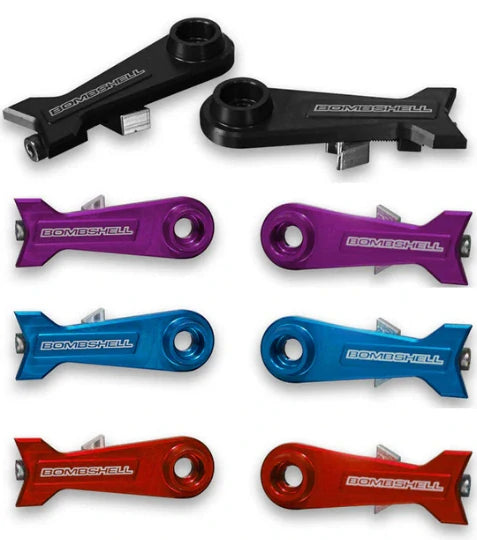 Bombshell Chain Tensioners Pro by SSS Racing in black, purple, blue, red anodized aluminum with circular collar with mounts
