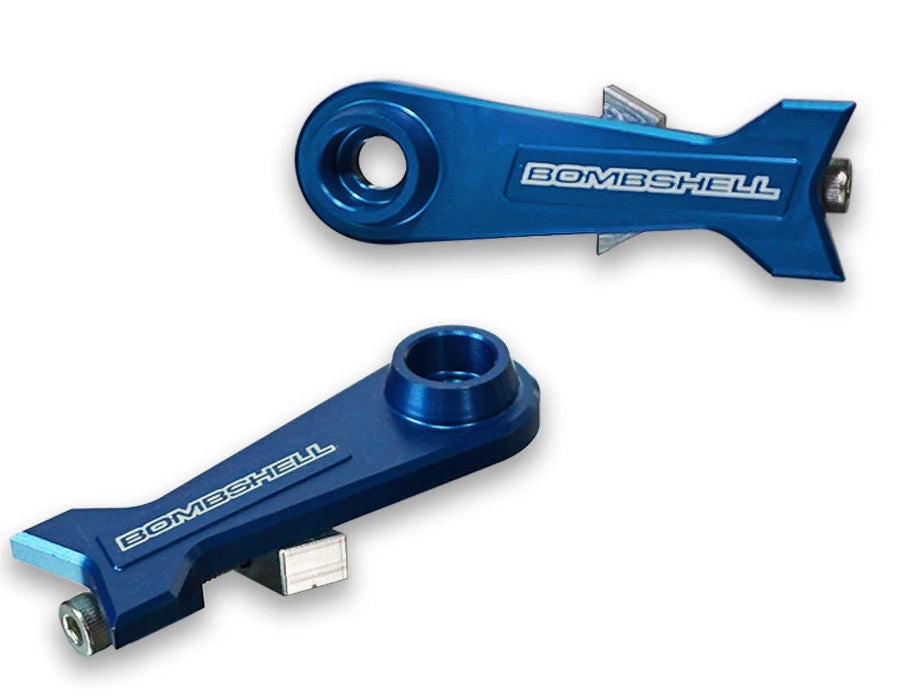 Bombshell Chain Tensioners Pro by SSS Racing in blue anodized aluminum, precision machined with mounting eye and bolt. Sturdy