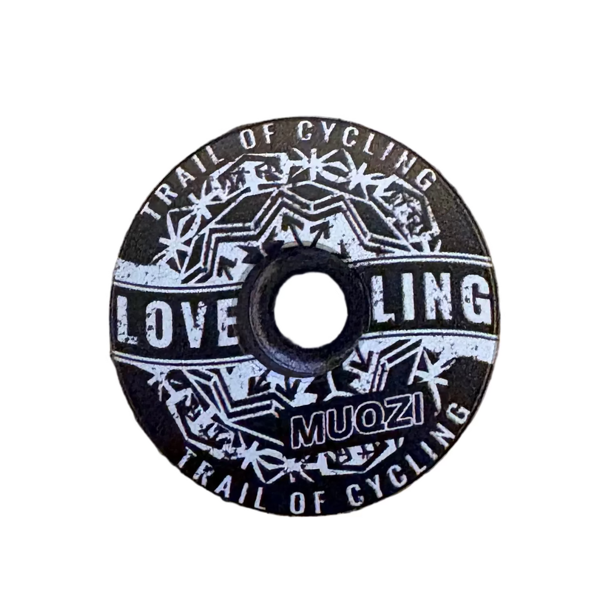 Stem Headset Top Cap by SSS Racing, black anodized aluminum with silver engravings, bold LOVE LIVING starburst motif emblem.