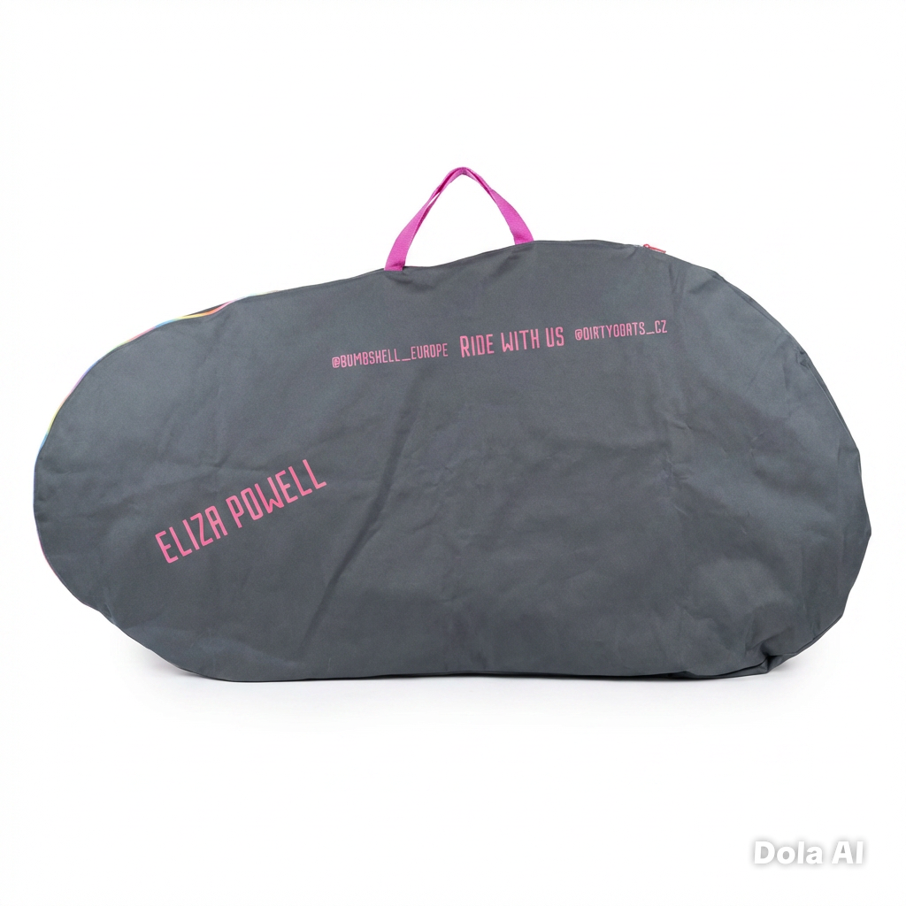 Bombshell Bike Bag by SSS Racing: charcoal grey nylon with pink text, purple handle, Eliza Powell branding: Ride With Us.